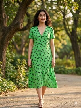 Green Floral V-Neck Women’s Midi Dress